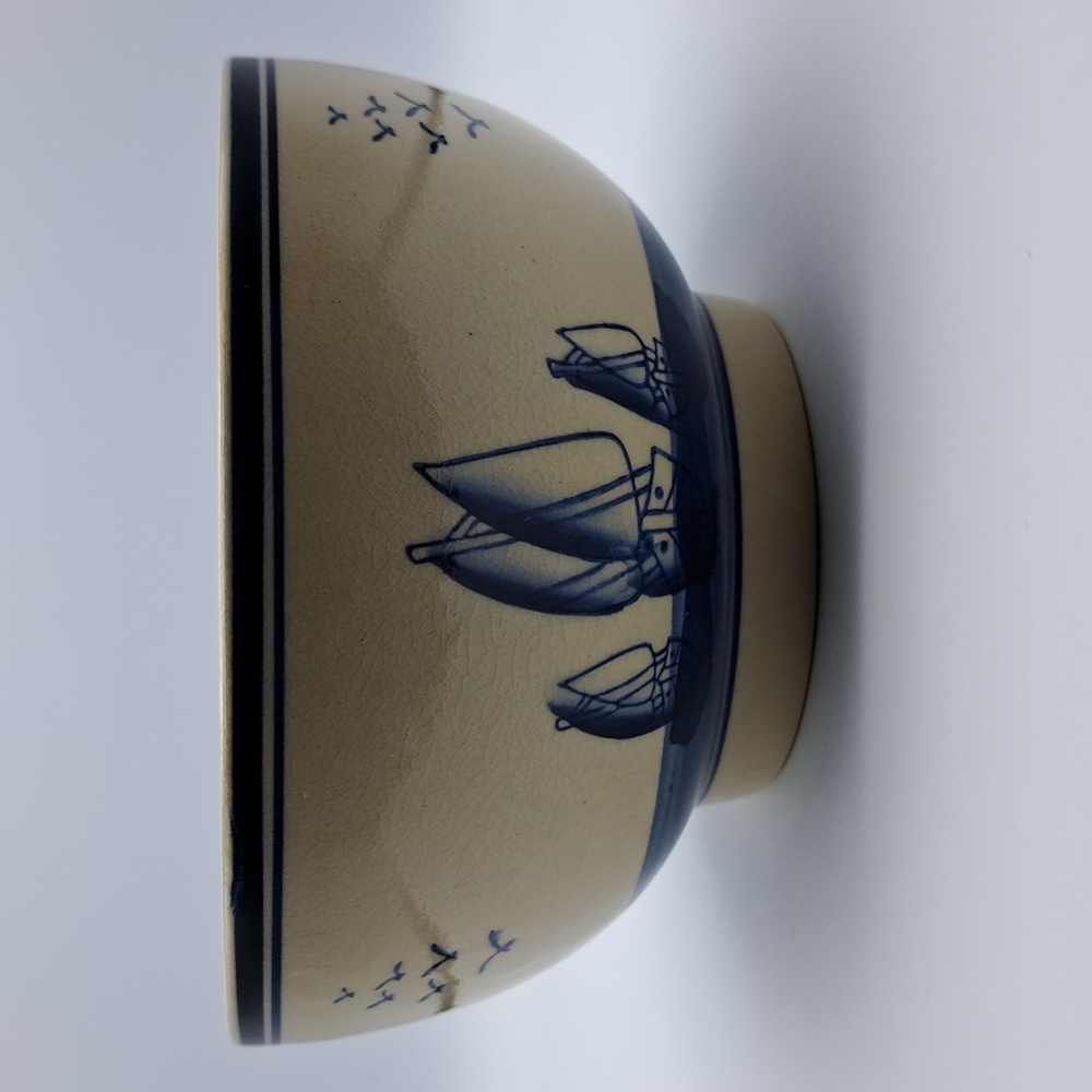 Holland Pottery Decorative Bowl Beige with Blue Windmills, Sailboats, Birds